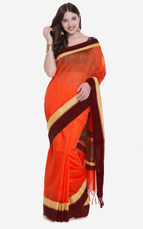 Orange Silk Cotton Solid Jamdani Saree