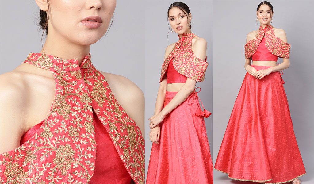 Flared Lehenga & Pink Embroidered Blouse