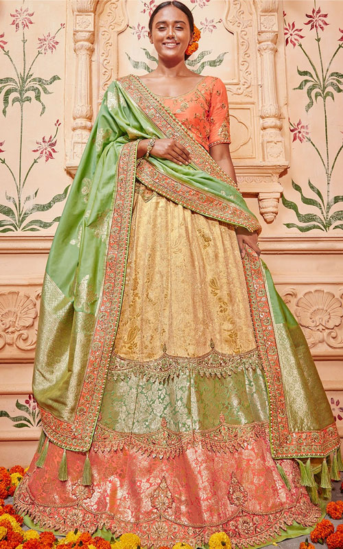 Gold & Green Jacquard Lehenga