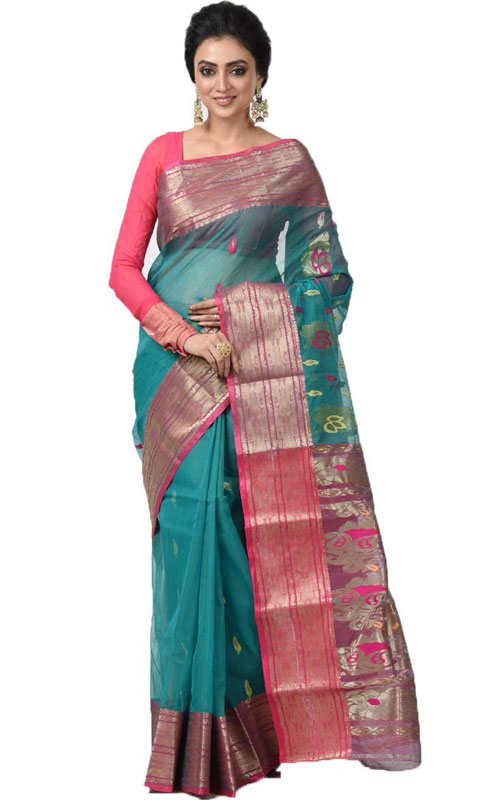 green and pink tussar silk saree