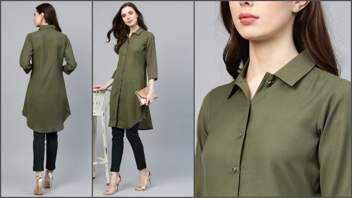 Shirt Style Kurti, Colour: Olive Green