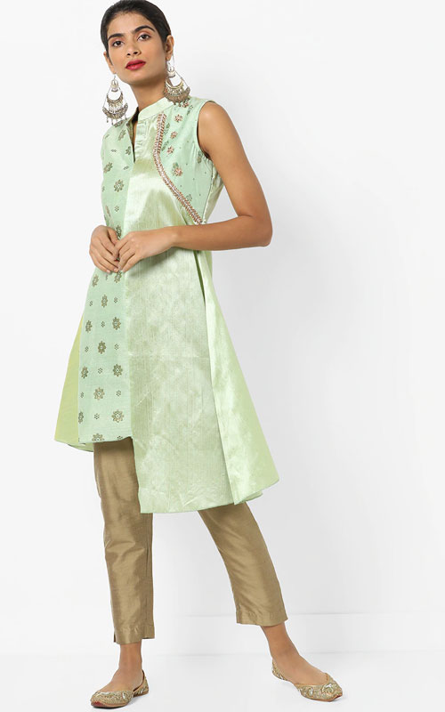 Green Silk Kurti with Asymmetric Hem