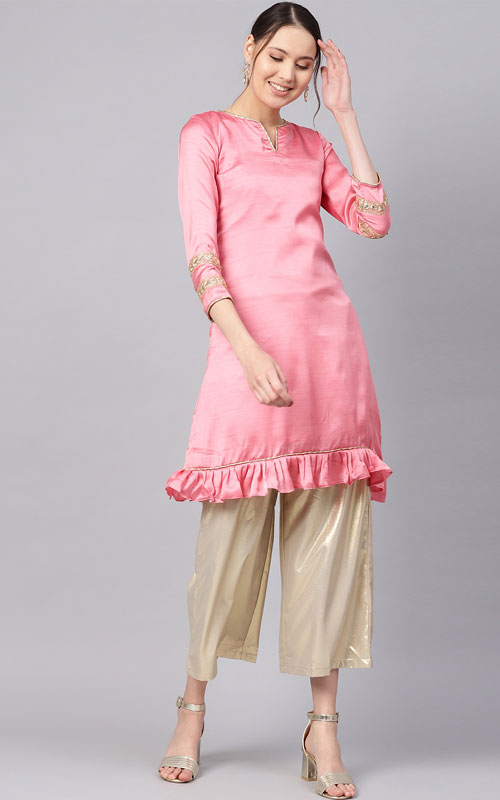 A-Line Kurti in Pink Silk