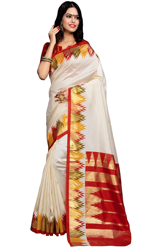 Red & White  Bhagalpuri Silk Saree