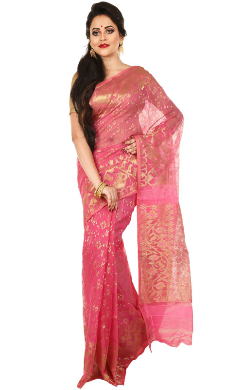 Pink Colour Jamdani Silk-Cotton Saree