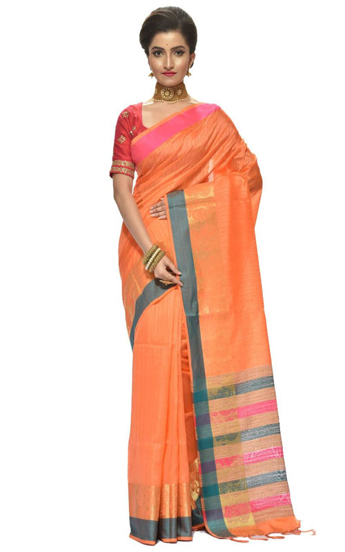 Orange Colour Traditional Khadi Silk Saree