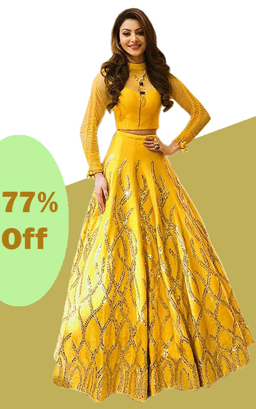 Yellow Colour Semi-Stitched Embroidered Lehenga