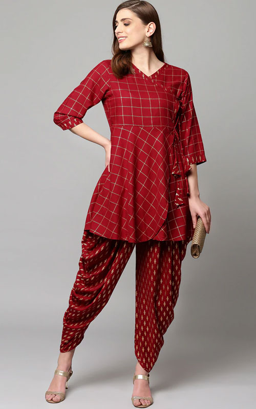 Angrakha Suit: Kurti with Foil Print & Salwar