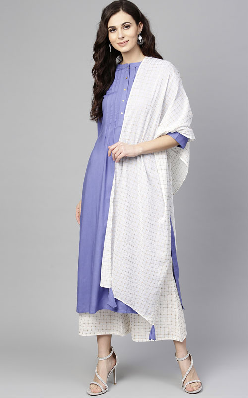 Blue Kurti, White Dupatta & Pants