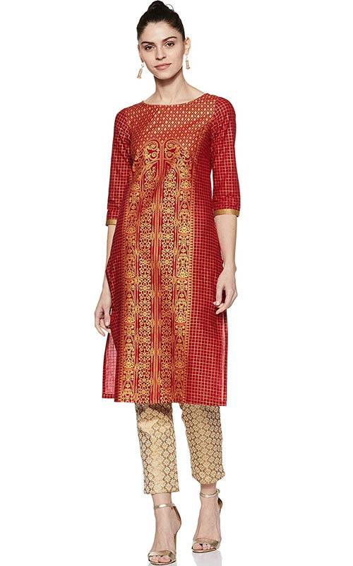 Buy DEEBACO Women's Foil Print Kurti with Side Knot V Notch Neckline  Printed Cotton Panel Detail Anarkali Kurti Perfect for Party and Festive  Season Brown Dress (DBKU00000021_M_Brown) at Amazon.in