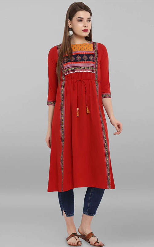 Red A-Line Kurti with Beautiful Floral Print