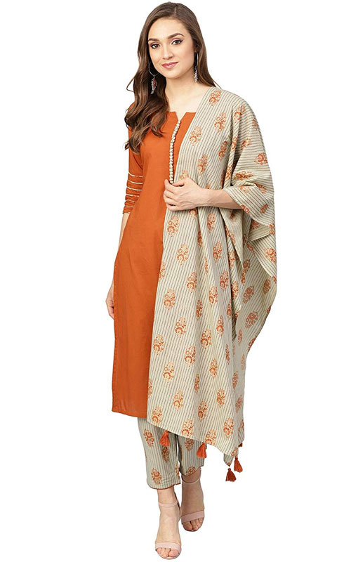 Rust Brown Kurti with Printed Salwar & Dupatta