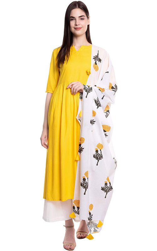 Yellow Kurti, White Palazzos & Dupatta