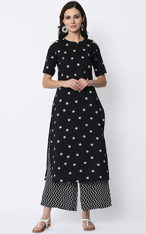 Black And White Printed Kurta With Palazzo