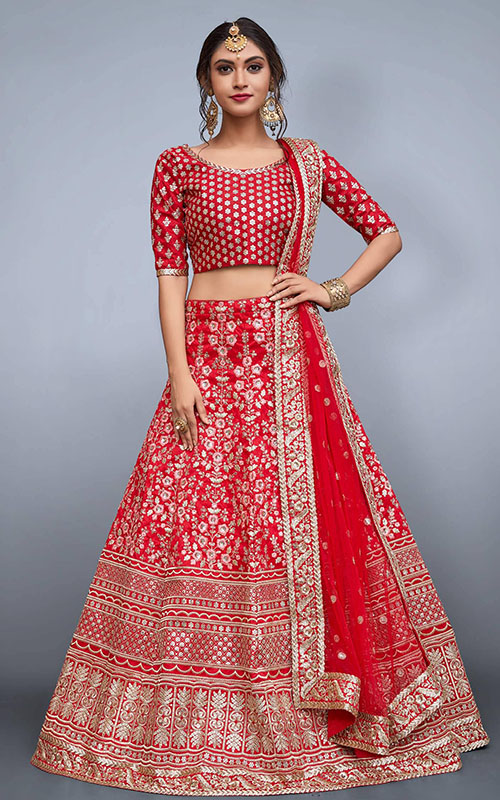 Red Resham Embroidered  Lehenga