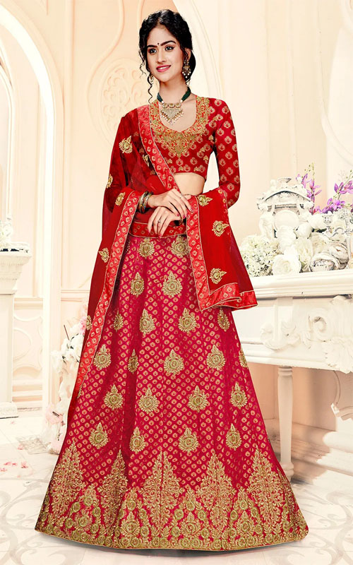 Jacquard Lehenga in Red