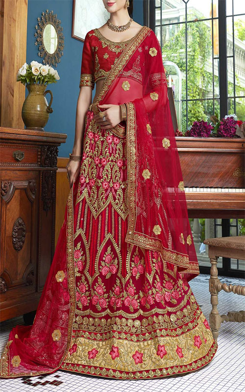 Red Silk Flared Lehenga 