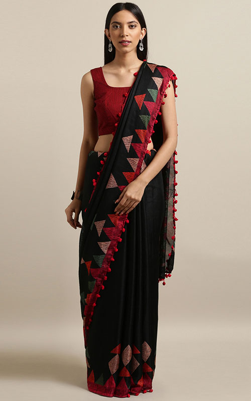 Black And Red Printed Saree