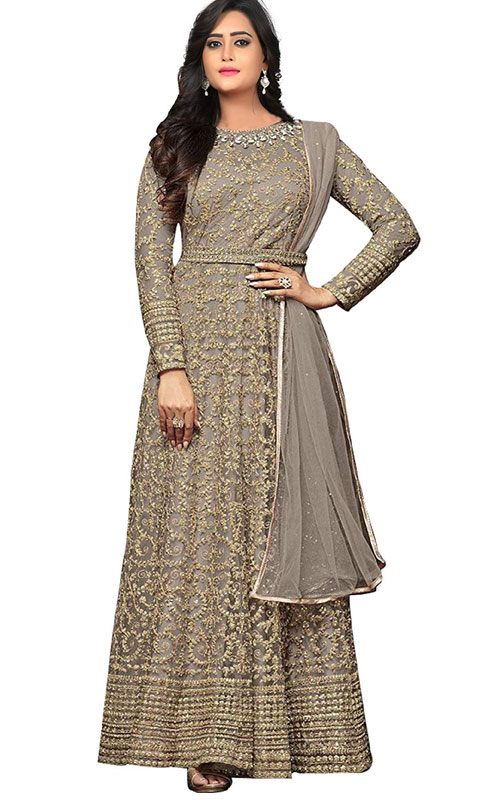 Net Anarkali Embroidered Semi Stitched Salwarsuit