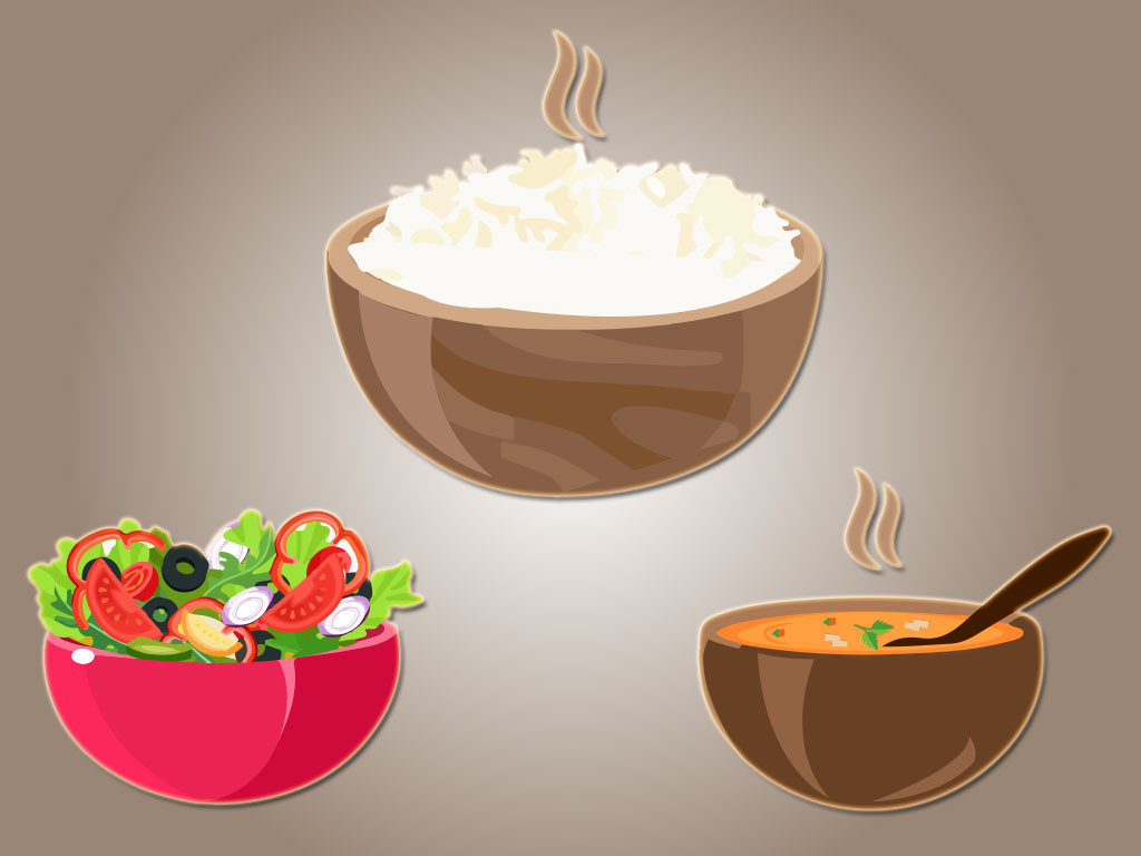 rice, soup, salad