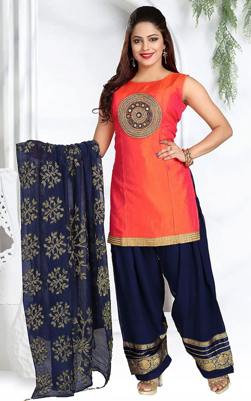 Orange And Blue Embroidered Suit