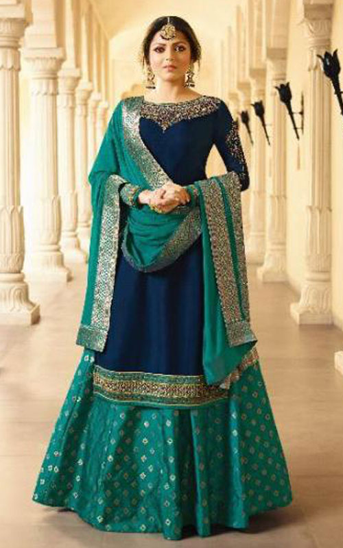 Green And Blue Partywear Lehenga