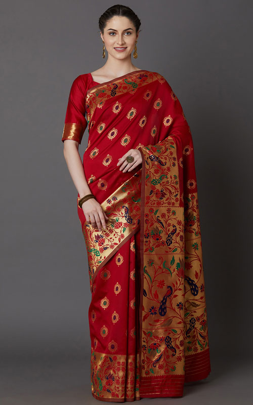 Red Silk Blend Banarasi Saree