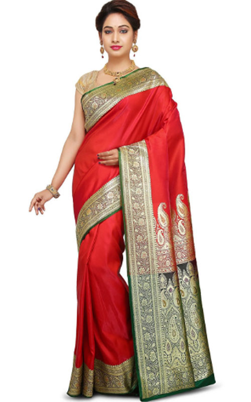 Red Banarasi Saree With Green Border