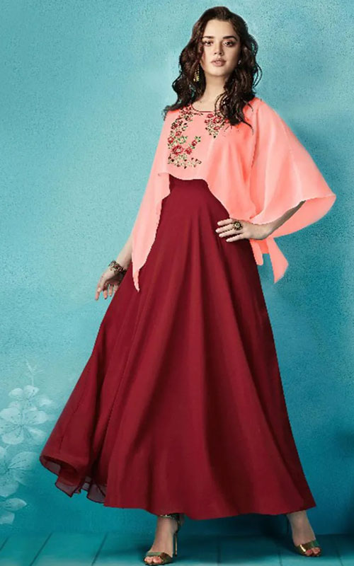 Maroon-Peach Color Embroidered Kurti