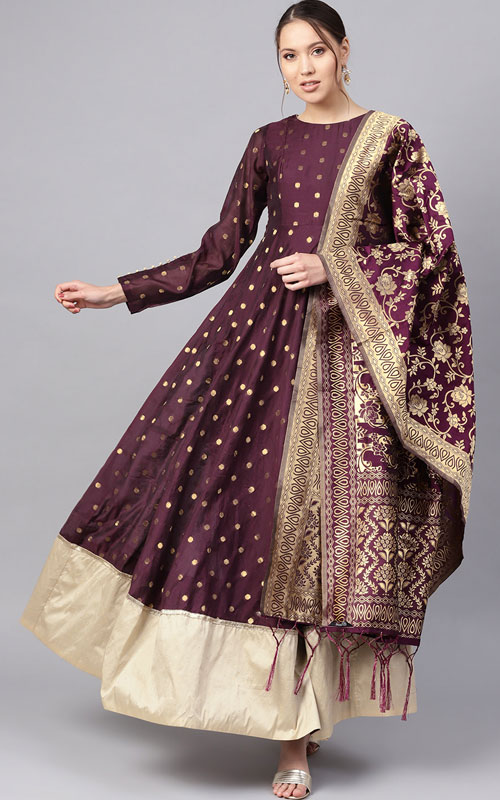 Aubergine And Golden Kurta With Dupatta