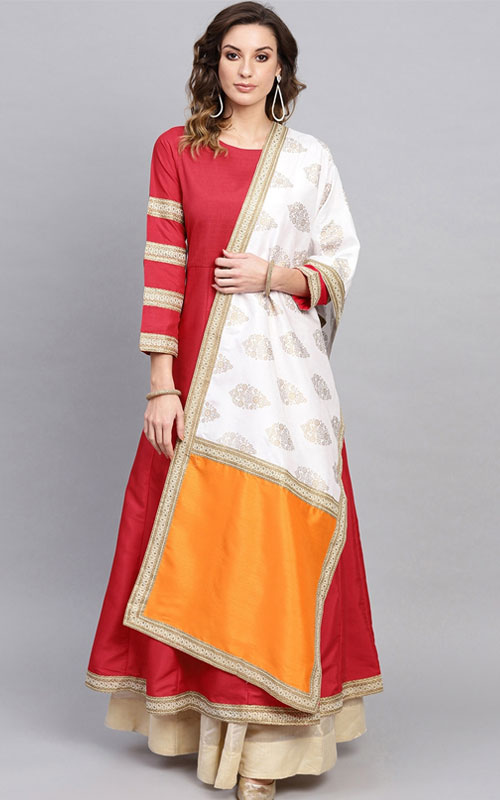 Red Art Silk Kurti With Dupatta