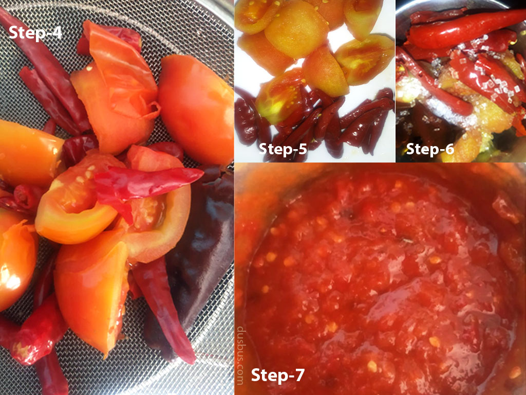 Mix tomatoes, red chillies and sugar in mixer jar