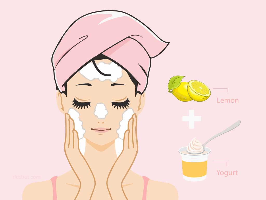 Girl applying daily face cleanser with 1 tbsp of curd and 1 tsp lemon juice