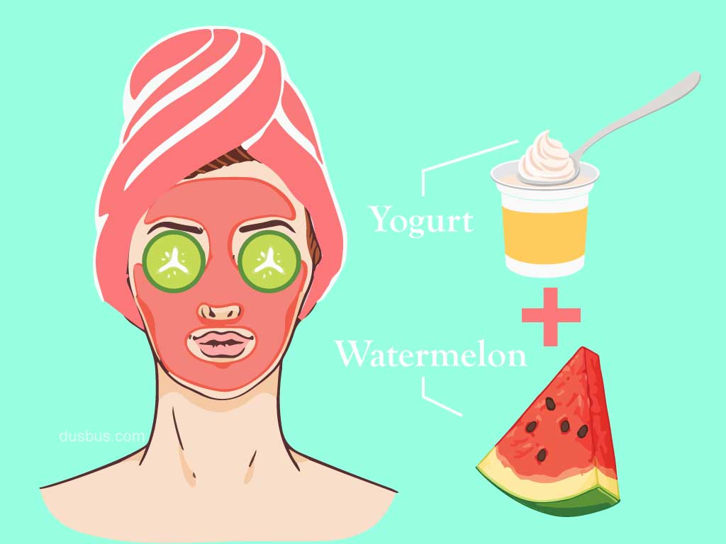 Girl applying a mix of watermelon and yogurt face pack