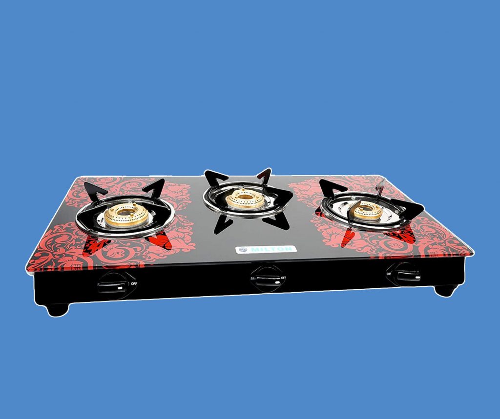 Milton  Premium 3 Burner  Glass Top Red Manual Lpg Stove with Ms Frame and Brass Burners