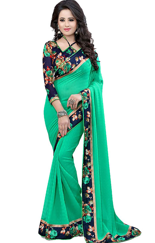 Green And Blue Border Print Saree