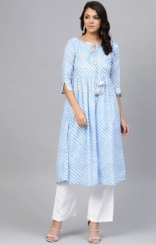 Blue Lehreiya Print A Line Kurti 