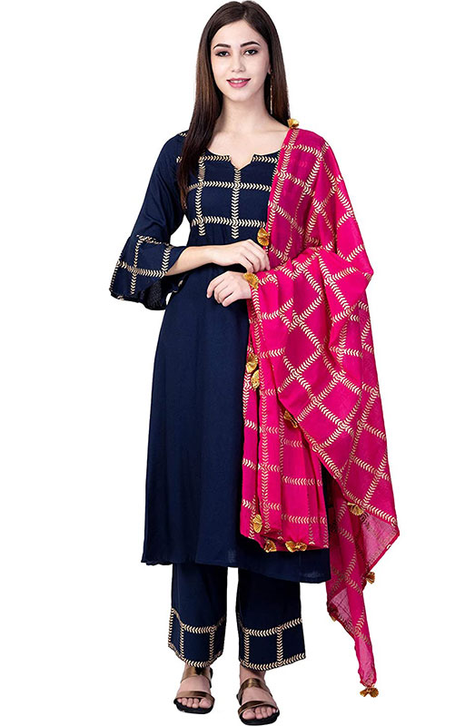 Blue Rayon Kurta With Dupatta 