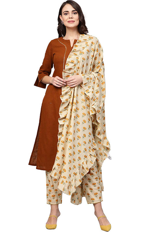 Brown Kurta With Printed Ruffle Dupatta 