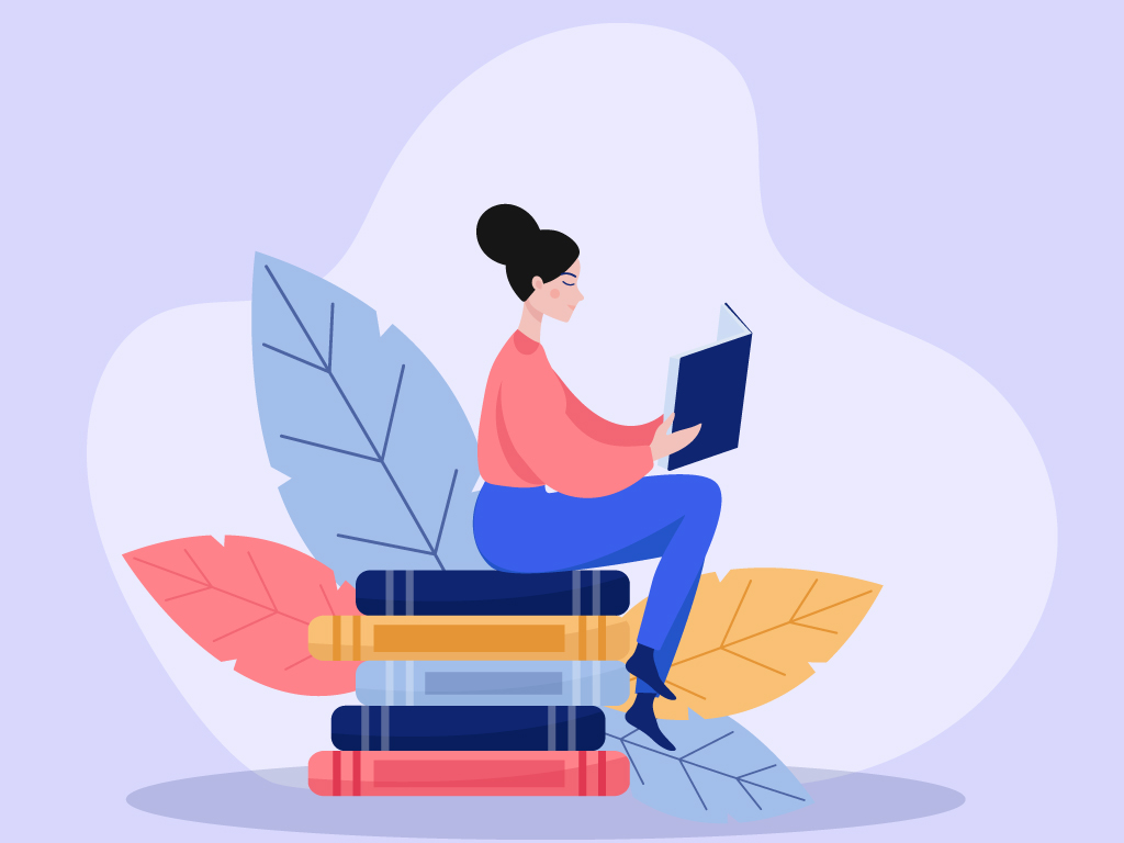 Girl sitting on a pile of books and reading