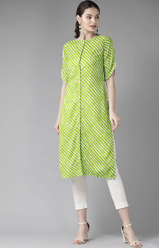 Green And White Leheriya Print Kurta 