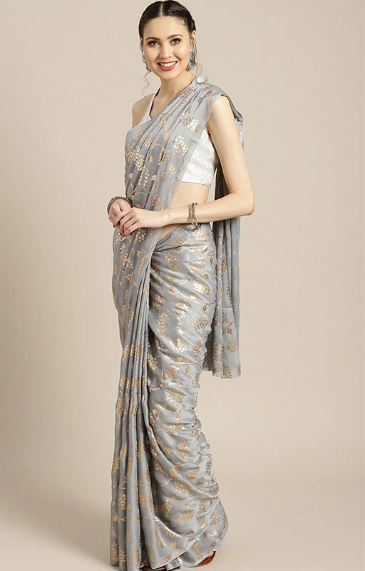 Grey And Golden Foil Print Saree 