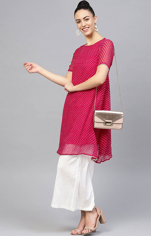 Magenta Off White Leheriya Kurti 