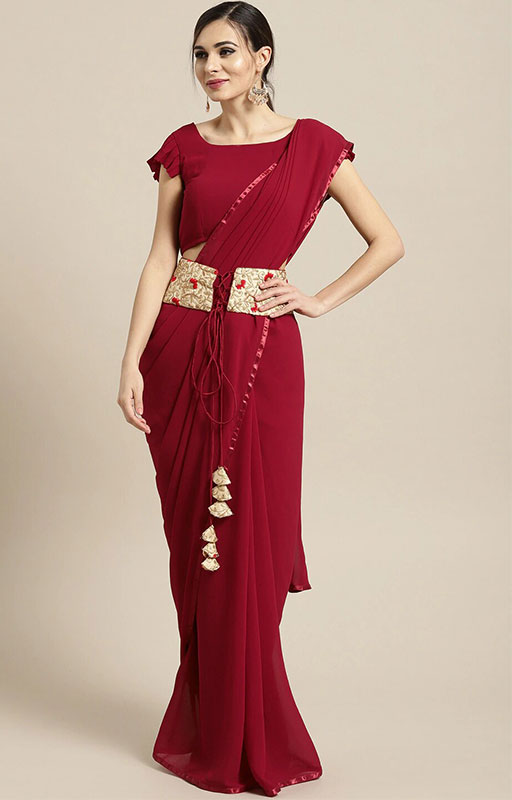 Maroon Solid Belt Saree 