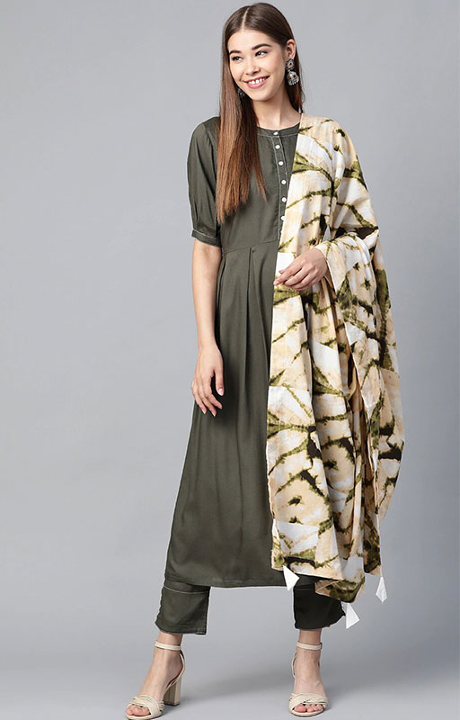 Olive Green Kurta With Printed Dupatta 