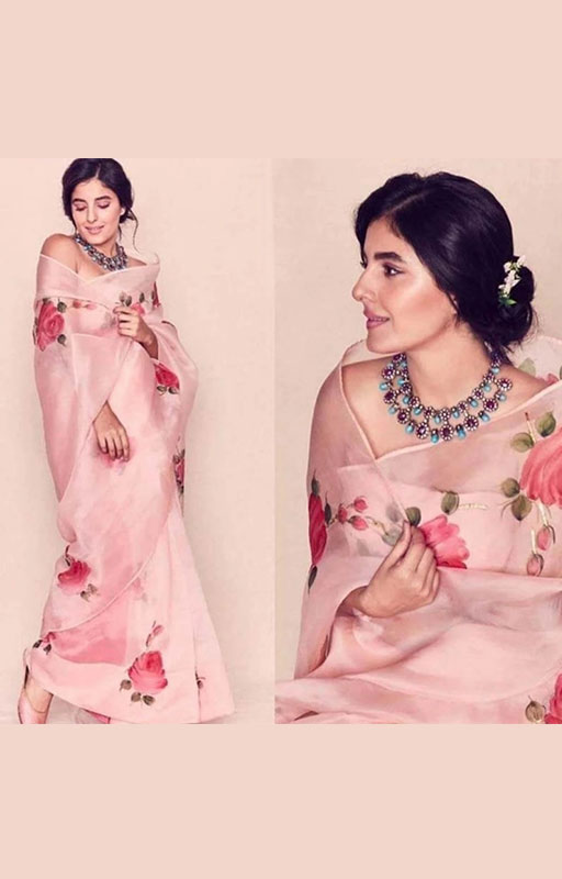 Organza Peach Digital Print Saree