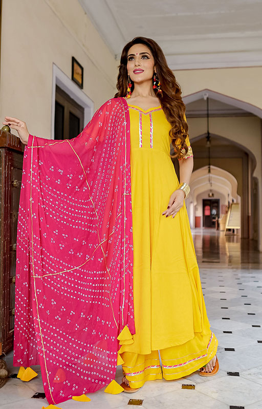 Yellow Dress With Bandhej Dupatta 