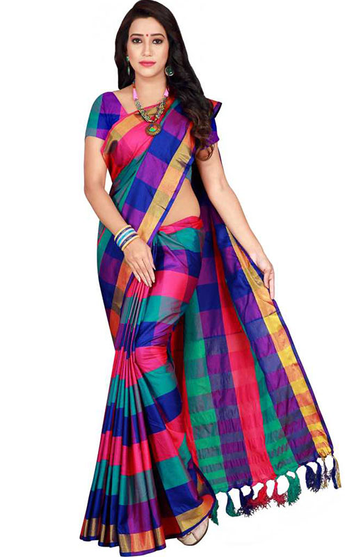 Checkered Daily Wear Cotton Saree 