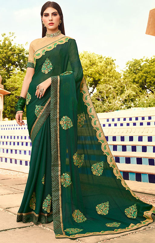 Dark Green Embroidered Saree