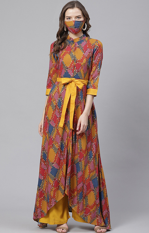 Mustard Yellow And Red Printed Kurta 